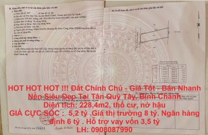 HOT HOT HOT !!! Đất Chính Chủ - Giá Tốt - Bán Nhanh Nền Siêu Đẹp Tại Tân Quý Tây, Bình Chánh